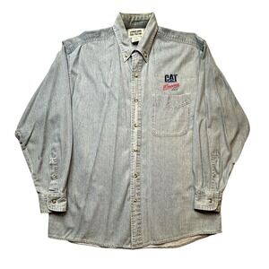 Vintage CAT Racing Shirt Mens Medium Blue Denim Button Down Most Wanted 90s